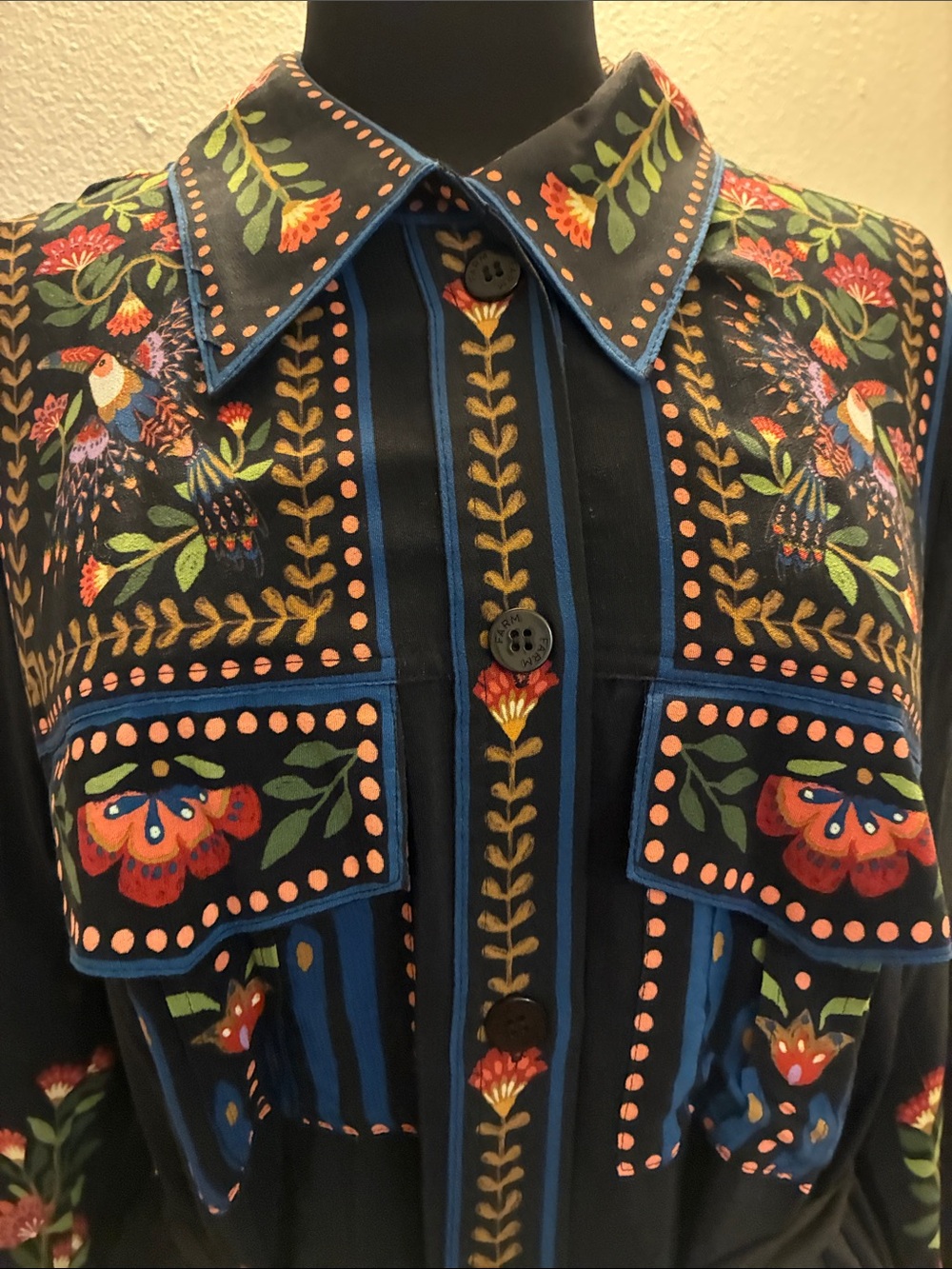 FARM Rio NWT Large Toucan Garden Black Button Front Midi Dress w/Tie & Pockets - Picture 4 of 16